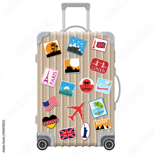 Suitcase with travel stickers from various countries and landmarks on a white background
