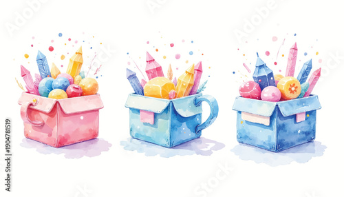 Colorful watercolor illustration of gift boxes.