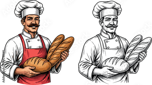 Professional male baker character in chef uniform and apron holding fresh baguette and sourdough bread loaves in a vintage engraved illustration style.