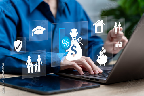 Personal financial planning and cost reduction concept, Woman managing expenses, Saving money, Retirement plan, Health insurance, Family budgeting, Education fund, Real estate investment