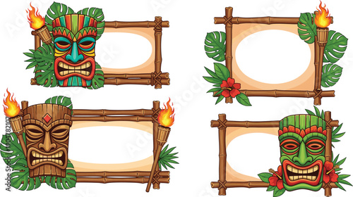 Tropical Tiki Mask Wooden Frame Vector Set with Bamboo Borders, Flames, and Jungle Leaves for Party Banners and Island Designs