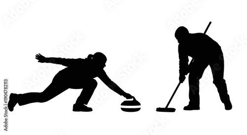 Silhouettes of curling players in action on ice