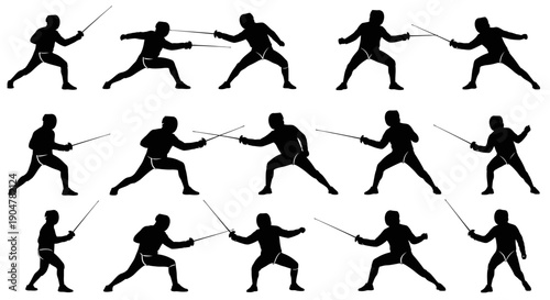 Fencer poses with sword in various stances and movements
