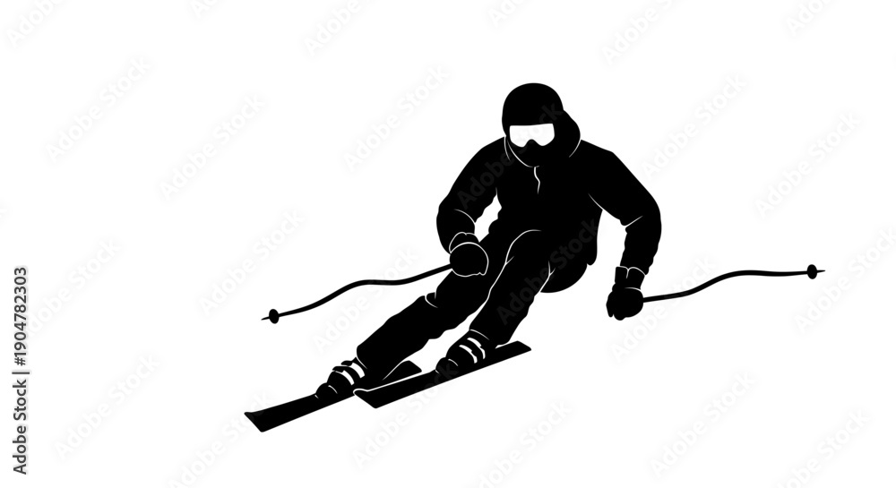 Fototapeta premium Skier in action on snowy slope with ski poles