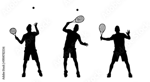 Tennis player silhouettes in action poses with racket and ball