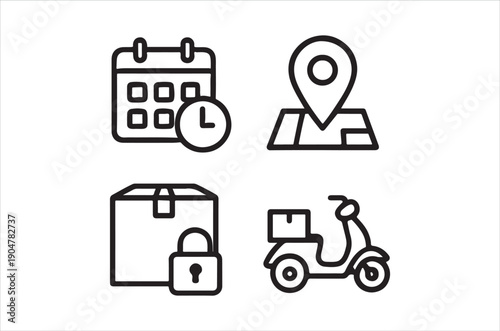 Line art icons representing scheduling location packaging and delivery services
