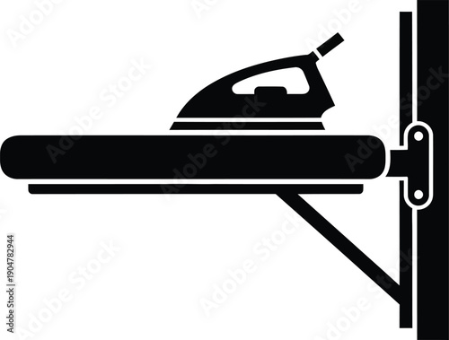 A black and white icon illustrating a wall-mounted ironing board with an iron placed on top