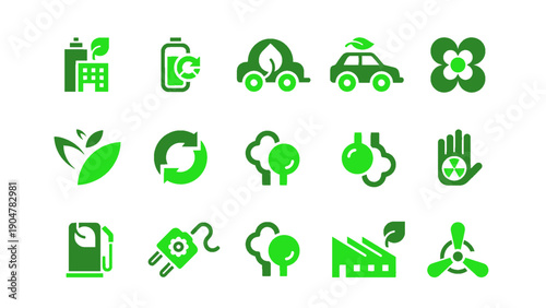 An icon set showing eco industry, renewable energy, and environmental technology concepts.