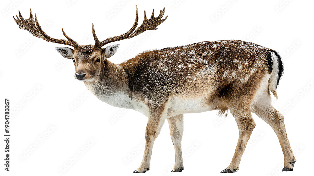 Obraz premium Majestic deer with antlers standing isolated on white background dramatic studio lighting ultra realistic fur wildlife stock image, Realistic Photo
