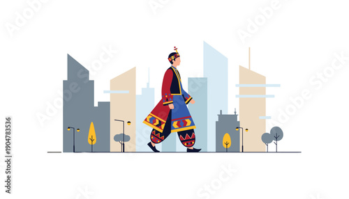 City skyline with walking people flat design urban