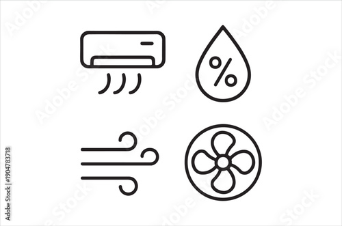 Simple black and white icons depicting air conditioning humidity and airflow