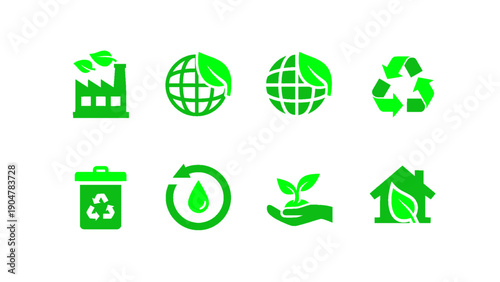 An icon set representing eco lifestyle, recycling, global care, and sustainability concepts.