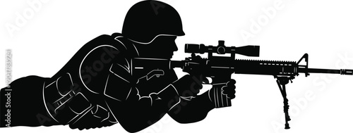 Black Silhouette Vector Illustration of a Soldier Sniper in Prone Position Aiming with Rifle for Military Warfare Army and Defense Strategy Designs