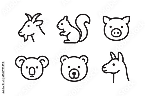Simple line art illustrations depicting a collection of various animal faces and forms