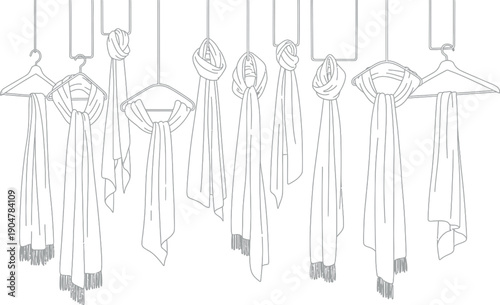 Elegant collection of hanging textile scarves displaying various artistic knots and draping styles on simple hangers for a fashion retail display outline drawing.