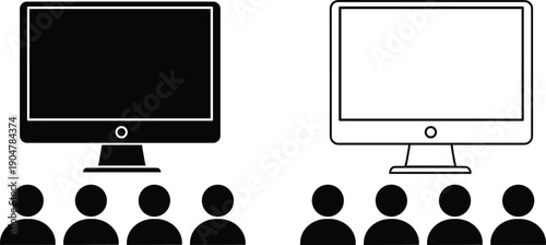 Audience watching presentation on computer screen display, digital communication, online meeting and information sharing concept illustration isolated on white