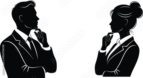 Business man and woman silhouette facing each other thinking pose concept for leadership strategy decision making illustration discussion negotiation partnership