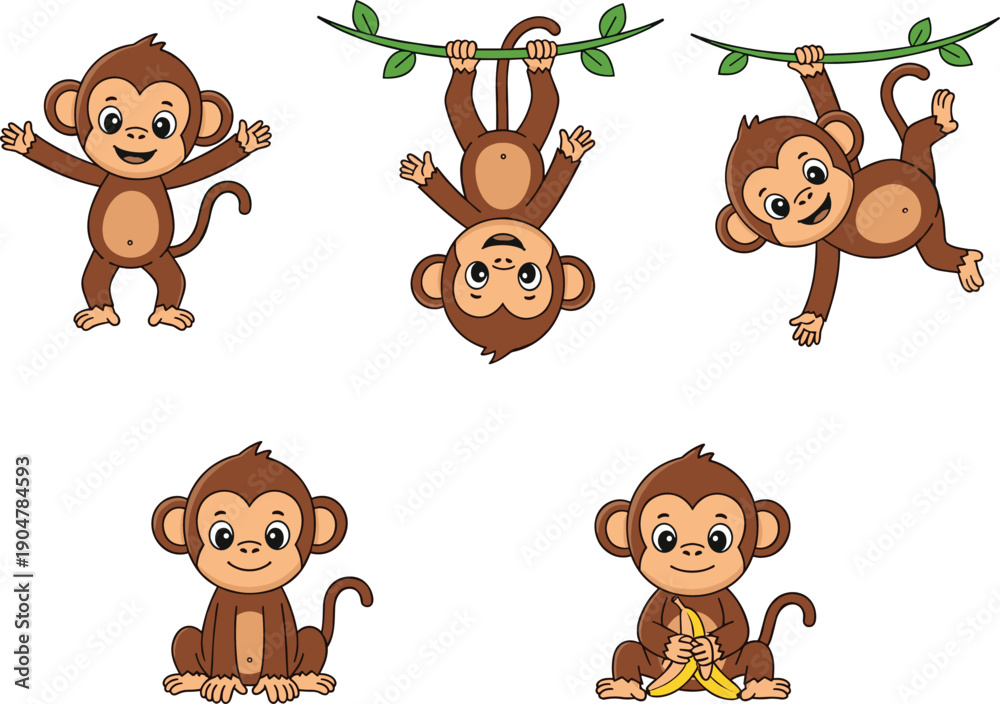 Fototapeta premium Cute cartoon monkey character set showing hanging, sitting, waving, and eating banana poses in playful flat vector style