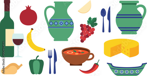 Colorful Mediterranean food and tableware illustration set featuring wine bottle, fruits, vegetables, cheese, soup, ceramic jugs, and cutlery