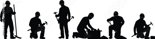 Construction worker silhouettes set with tools and safety helmets, black and white vector illustration for industry, labor, teamwork concepts