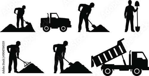 Construction worker silhouettes with trucks and tools, road work and excavation black and white vector illustration for industry, labor concepts