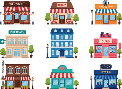 Collection of diverse city shop storefronts including a restaurant bakery pharmacy jewelry store and boutique for urban commercial street designs.