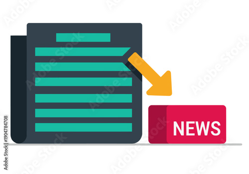 AI news feed algorithm illustration. A stylized document outputs to a 'NEWS' button. Modern, digital concept. Clean, graphic design.