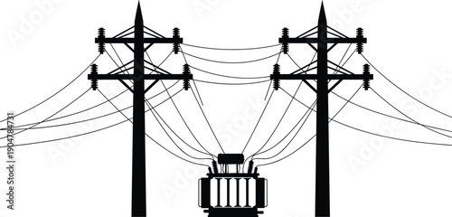 Electric power transformer connected to utility poles with overhead transmission lines, electricity distribution and energy infrastructure illustration isolated on white