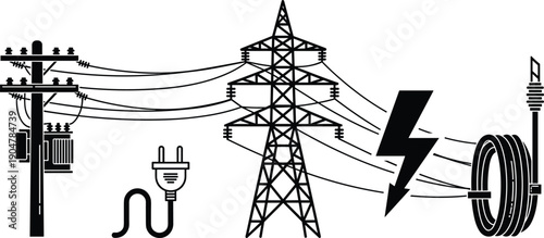 Electric power transmission and distribution system with utility pole, high voltage tower, plug and cable, electricity flow illustration isolated