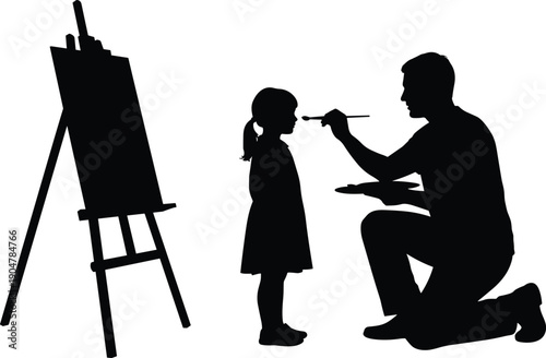 Black Silhouette Vector Illustration of an Artist Painting a Little Girl Face Near an Easel for Art Education Creativity and Family Hobby