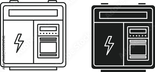 Electrical control panel icon set in line and solid styles representing power distribution, circuit protection, energy management, and industrial technology