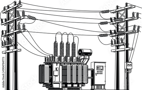 Electrical power transformer substation with transmission lines and utility poles, high voltage energy distribution infrastructure illustration isolated on white