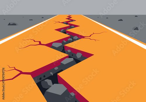A dramatic illustration depicts a road splitting due to a seismic rift. Orange and red colors highlight the damage, conveying a sense of instability and risk. Suitable for impact visuals.