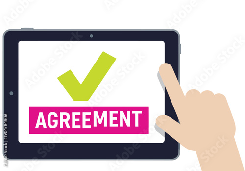 A hand clicks a tablet displaying a 'Bio Lime Agreement' with a checkmark. Modern digital consent concept. Clean, bright, and professional design.
