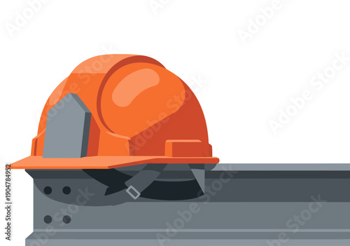 An orange construction hard hat rests on a steel beam. ?Construction Safety Hard Hat? text overlay. Clean, modern illustration. Perfect for safety themes.