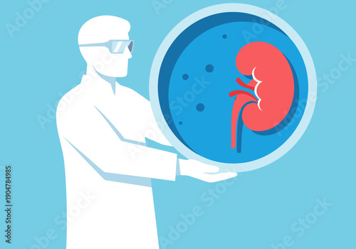 A scientist holds a lab-grown kidney within a petri dish, symbolizing organ growth research. Modern lab setting with circuit board background.  Focus on innovation and medical advancement.