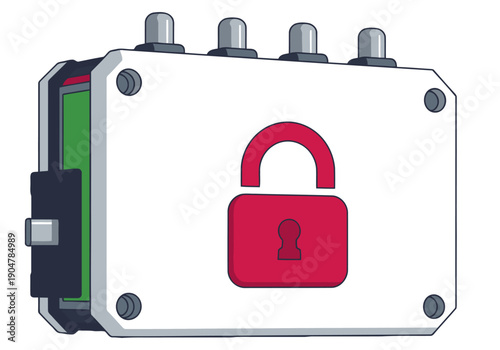 Secure battery lock tech ? a stylized, white box with a prominent padlock. Clean, modern design with a bright, professional aesthetic. Ideal for technology and security concepts.