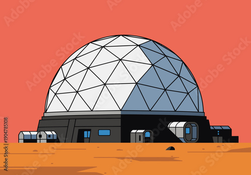 A stylized illustration depicts a futuristic Mars habitat dome on the red planet. Clean lines and a modern design create a visually appealing space exploration concept.