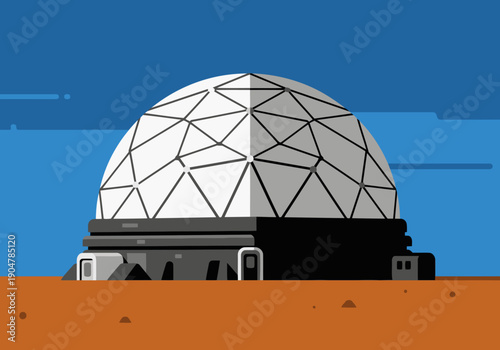 A stylized illustration depicts a futuristic Mars habitat dome on the red planet. Modern design, space exploration, and a vibrant color palette create a visually striking image.