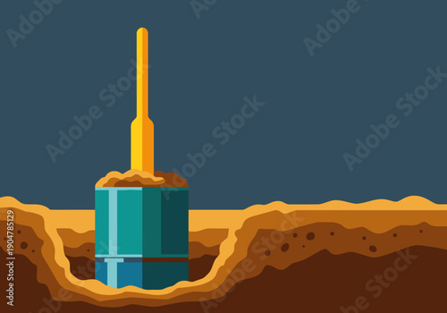 A stylized illustration depicts a seismic sensor monitoring ground movement.  Clear, modern design for geological or engineering visuals.  Focus on the sensor and surrounding earth.