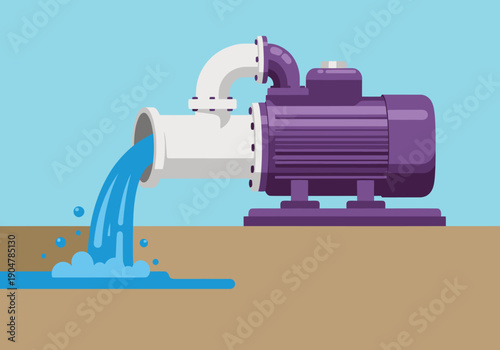A stylized illustration depicts a water pump actively removing floodwater, offering relief. Clean lines and vibrant colors create a modern, impactful visual.