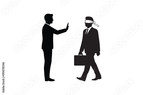 Man in suit stops blindfolded businessman carrying briefcase, symbolizing obstacles and challenges.