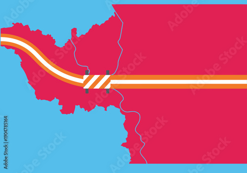A stylized map illustration depicts flood defense strategy, showcasing a red state with a protective orange barrier. Clean, modern design for strategic planning visuals.