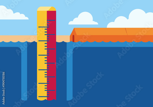 A stylized thermometer shows rising floodwaters, illustrating a dramatic water level measurement against a building. Clear visual representation of flood risk.