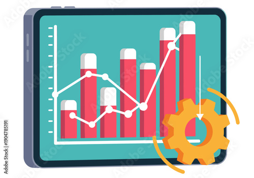 A tablet displays an AI-powered content trend graph with a gear icon, symbolizing data analysis. Modern, digital, and visually engaging for business and marketing visuals.