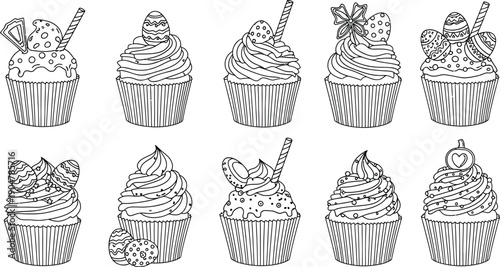 Collection of ten delightful black and white line art illustrations featuring assorted festive cupcakes adorned with intricate Easter egg and sweet decorative toppings for coloring pages.
