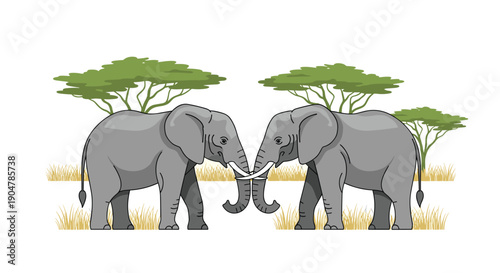 Two majestic African elephants intertwining their trunks in a tender greeting, standing gracefully amidst dry savanna