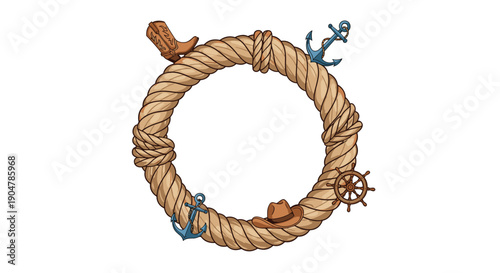 Circular frame created from coiled rope, intricately decorated with diverse elements like anchors, a ship's wheel, a