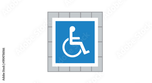 Universal accessibility sign featuring a white wheelchair user symbol on a prominent blue square, mounted on a textured
