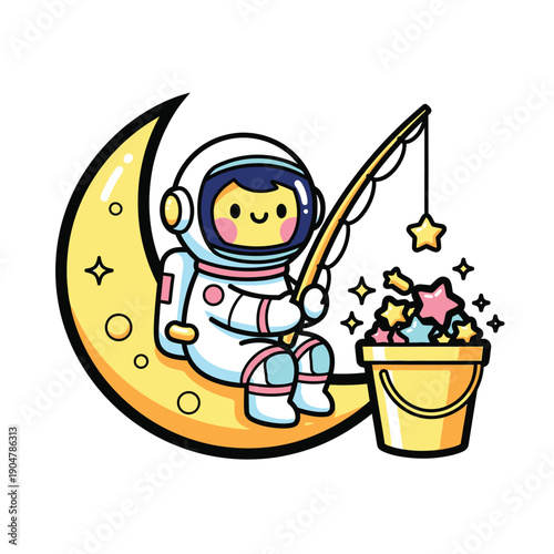 Cartoon astronaut sitting on a crescent moon with a fishing rod and bucket filled with colorful stars.